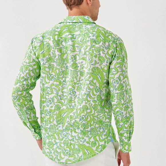 Lilly Pulitzer Men's Stuff Addison Linen Shirt Resort White Lil Daffodil Hill XL - Picture 2 of 5